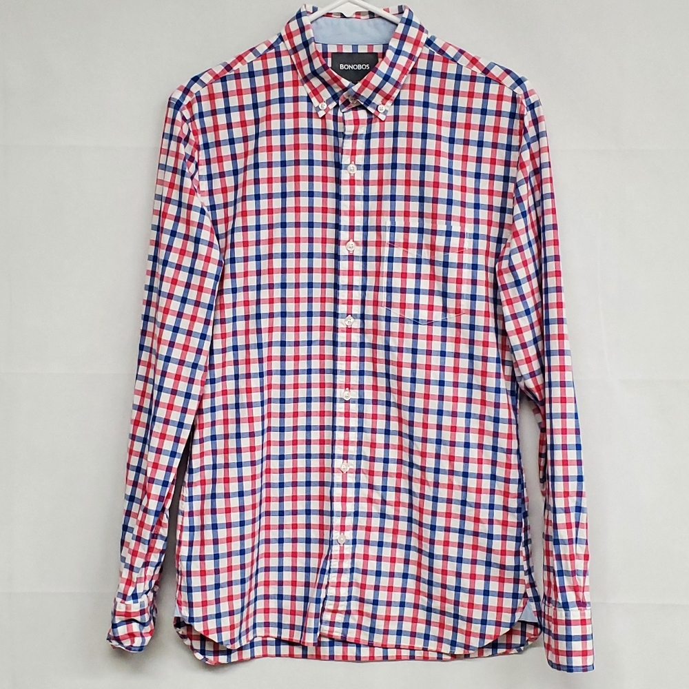 Bonobos Shirt Mens Small - Slim Fit Button Up Long Sleeve Red Blue Whtie Plaid